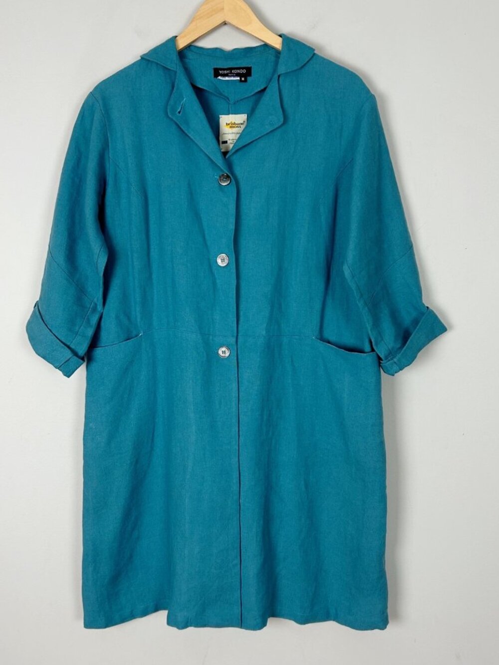 Yoshi Kondo Paris Blue Linen Long Jacket Button Front Size Medium Women's